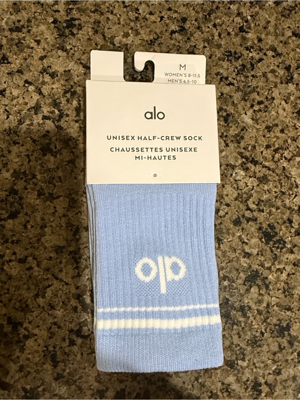 ALO Yoga Unisex Half-Crew Sock — Light Blue with White Accent